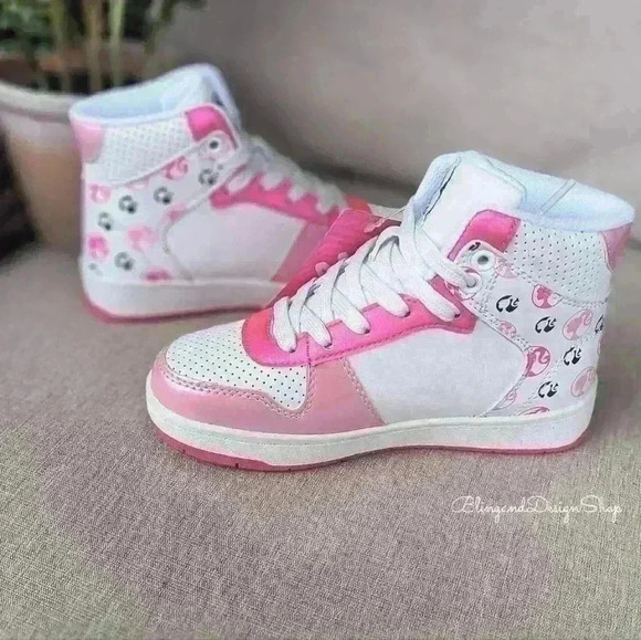 Bling Girls Barbie Pink High Top Sneakers Made with Black Crystals Girls Shoes - Picture 8 of 8